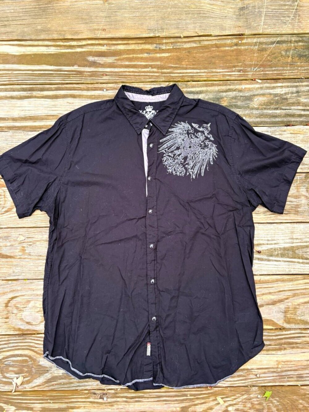 Y2K Guess By Marciano Eagle Crest Button Up Shirt Mens XXL Black Short Sleeve
